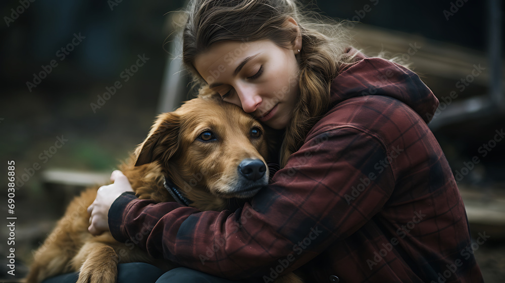 Woman hugging dog outdoor portraying companionship and tenderness suitable for pet care industries Woman hugging dog outdoor portraying companionship and tenderness suitable for pet care industries