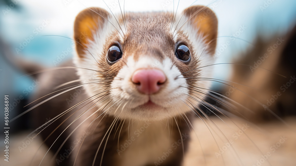 Close-up shot of a ferret's whiskers and playful expressions Close-up shot of a ferret's whiskers and playful expressions