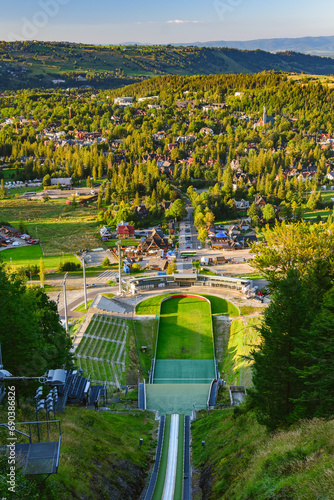 Wielka Krokiew, view from the top of the ski jump towards the stands and part of the city of Zakopane.