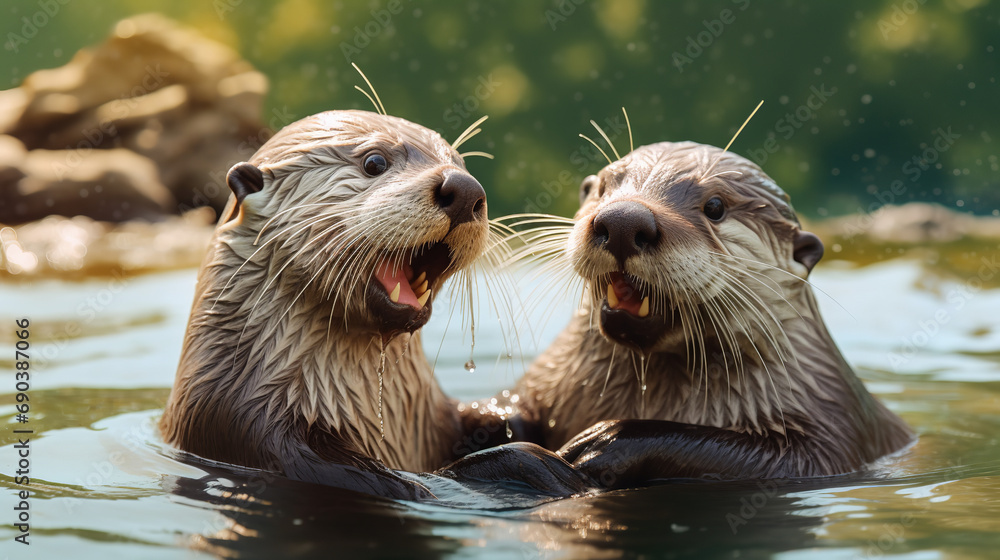 Playful otter interacting with others in a joyful and animated manner