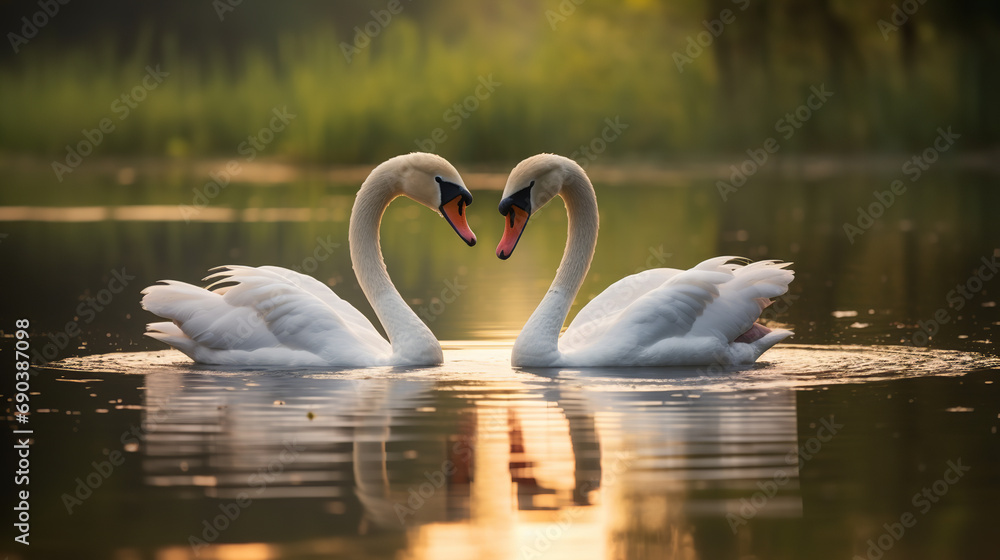 Two beautiful swans forming a heart shape with their necks, showcasing love in nature Two beautiful swans forming a heart shape with their necks, showcasing love in nature