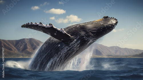 Majestic humpback whale breaching the surface of the ocean photo