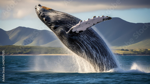 Majestic humpback whale breaching the surface of the ocean © Nate