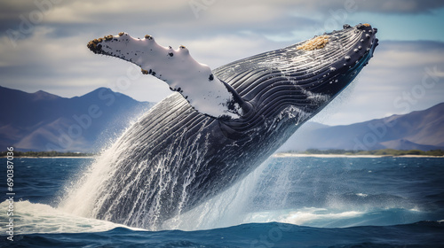 Majestic humpback whale breaching the surface of the ocean © Nate