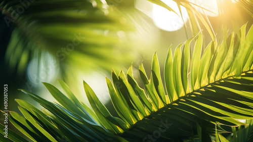 Photo of sun rays passing through the lush green palm tree leaves  beach summer concept  background