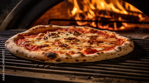 Pizza being pulled out of a wood-fired oven with bubbling cheese and crispy crust