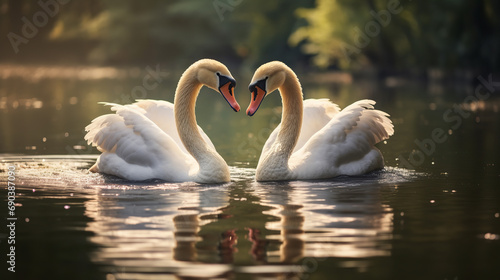 Two beautiful swans forming a heart shape with their necks, showcasing love in nature