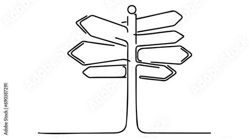 Road direction sign arrows isolated on white background. Continuous one line drawing.