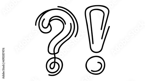 Question and exclamation marks one line art, hand drawn asking and admiration signs, continuous contour.