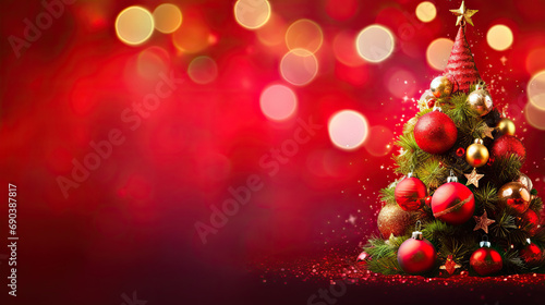Christmas Tree In Red Background - Ornament And Abstract Defocused Lights
