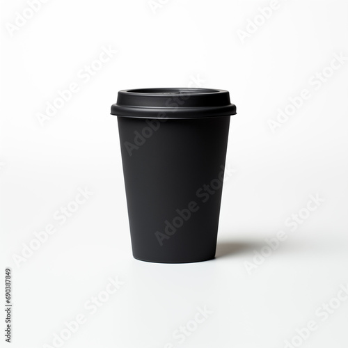 A smooth black paper cup without any pattern, with a pure white background and photography lighting