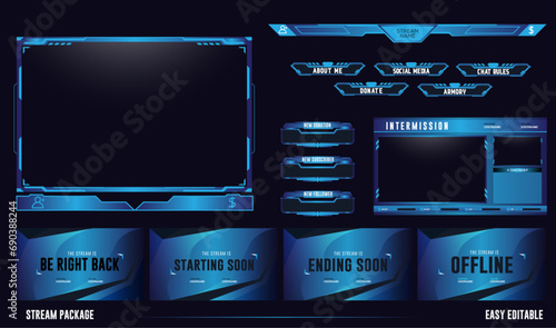 Modern Abstract Blue twitch overlay stream facecam, panel and panel set element for gaming streamer photo