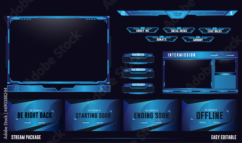 Modern Abstract Blue twitch overlay stream facecam, panel and panel set element for gaming streamer
