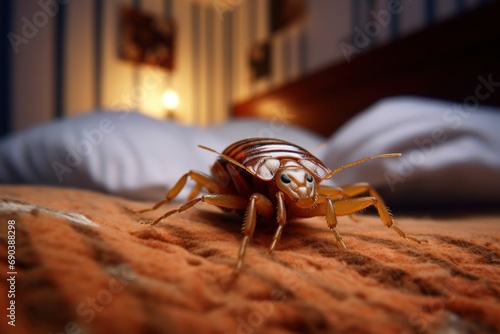 A bed bug crawls on the bed
