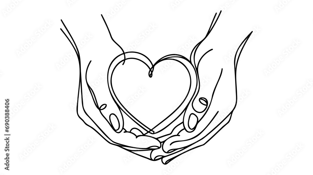 Continuous one line drawing arms holding heart. Charity donation linear concept. Vector isolated on white Continuous one line drawing arms holding heart. Charity donation linear concept. Vector isolated on white