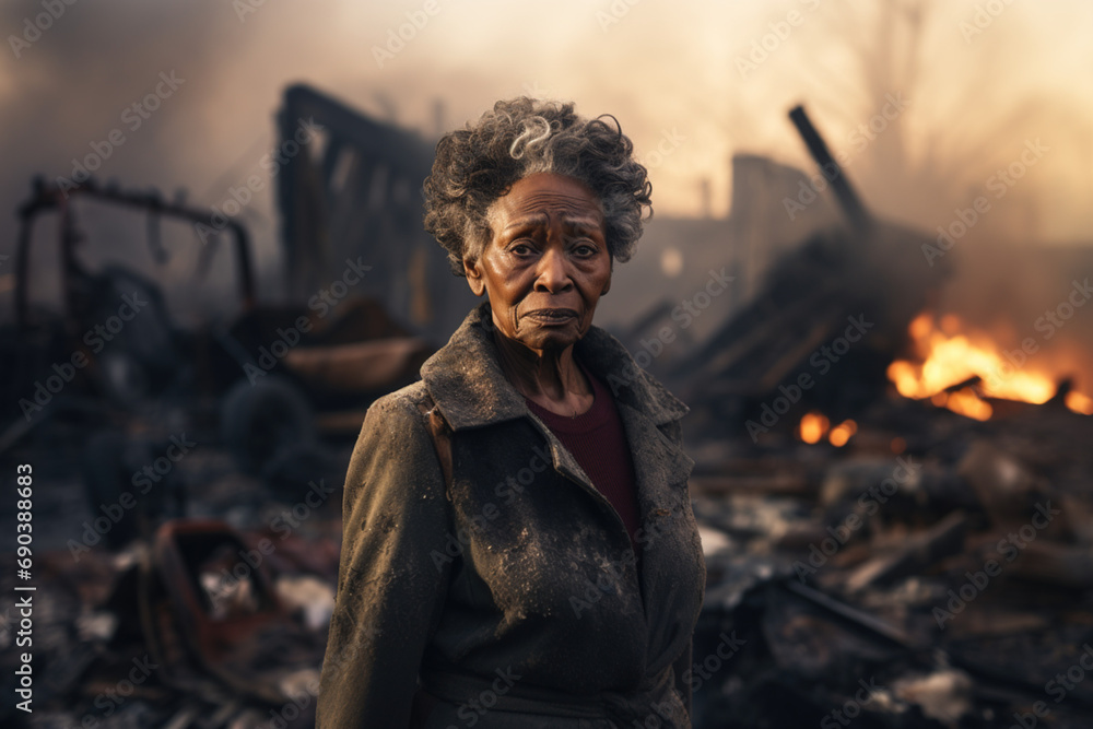 War conflict area. African American old senior lady woman sadly looking at ruins of bombed destroyed house building. Effect from war humanity mankind loss and waste big loss concept.
