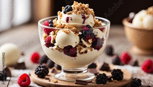 Delicious vanilla ice cream in a cup with cream and raspberries and blackberries, sprinkled with chocolate and waffle crumbs. A piece of vanilla festive dessert in close-up with berries.A sweet snack.