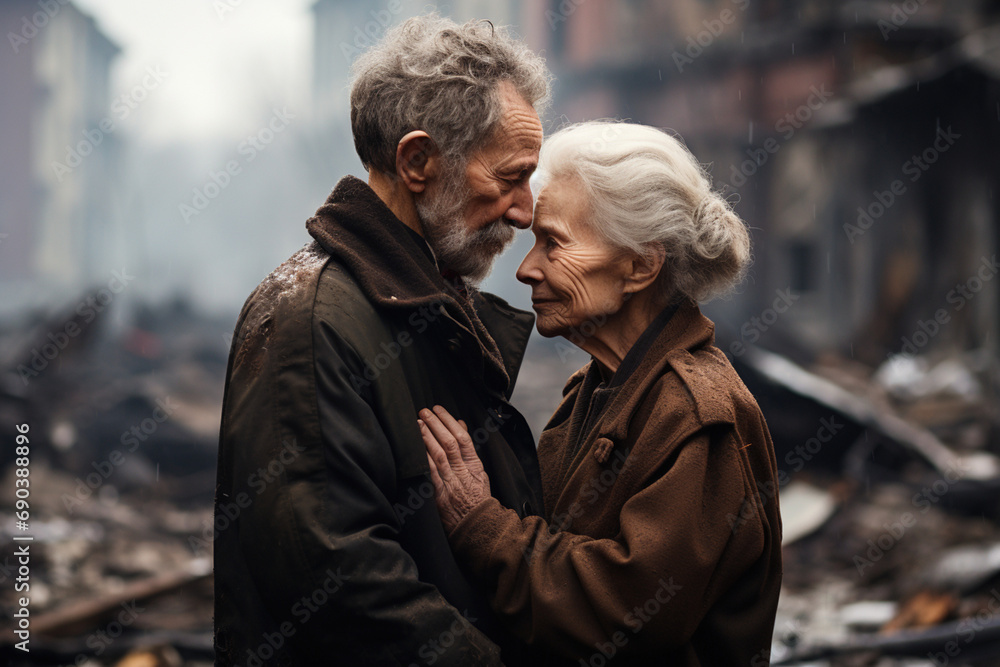  Old senior couple hug each other looking at ruins of bombed destroyed house building due to war conflict area. Effect from war humanity mankind loss and waste big loss concept.