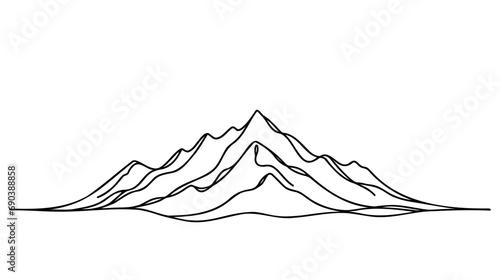 One continuous line drawing of mountain range landscape. Web banner with mounts in simple linear style.
