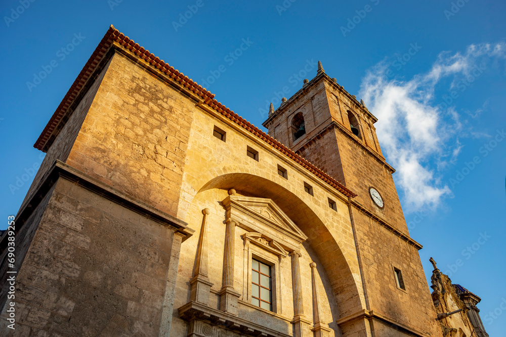 Renaissance facade and tower of the Church of Our Lady of the Assumption of Ayora, Valencian Community, Spain
