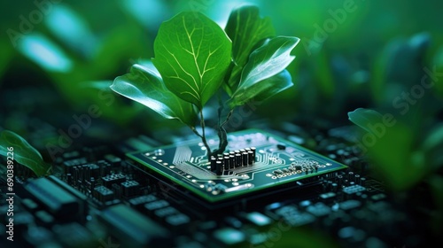 Circuit board with microchip processor technology and plant sprout on blur background.
