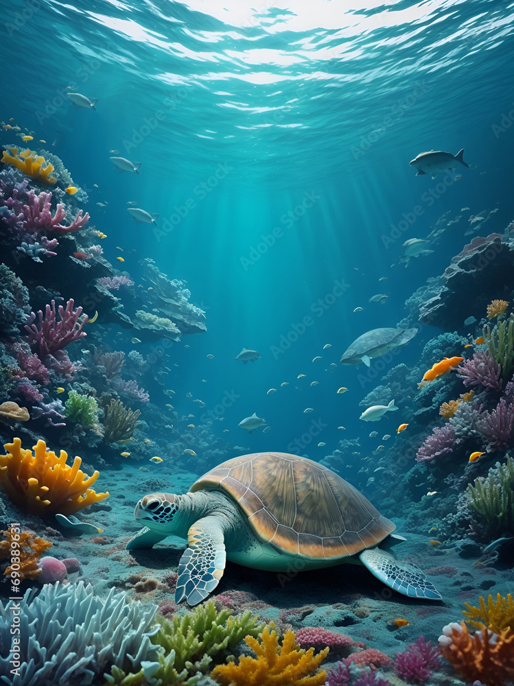 Fototapeta premium a turtle swimming in the warm ocean waters.