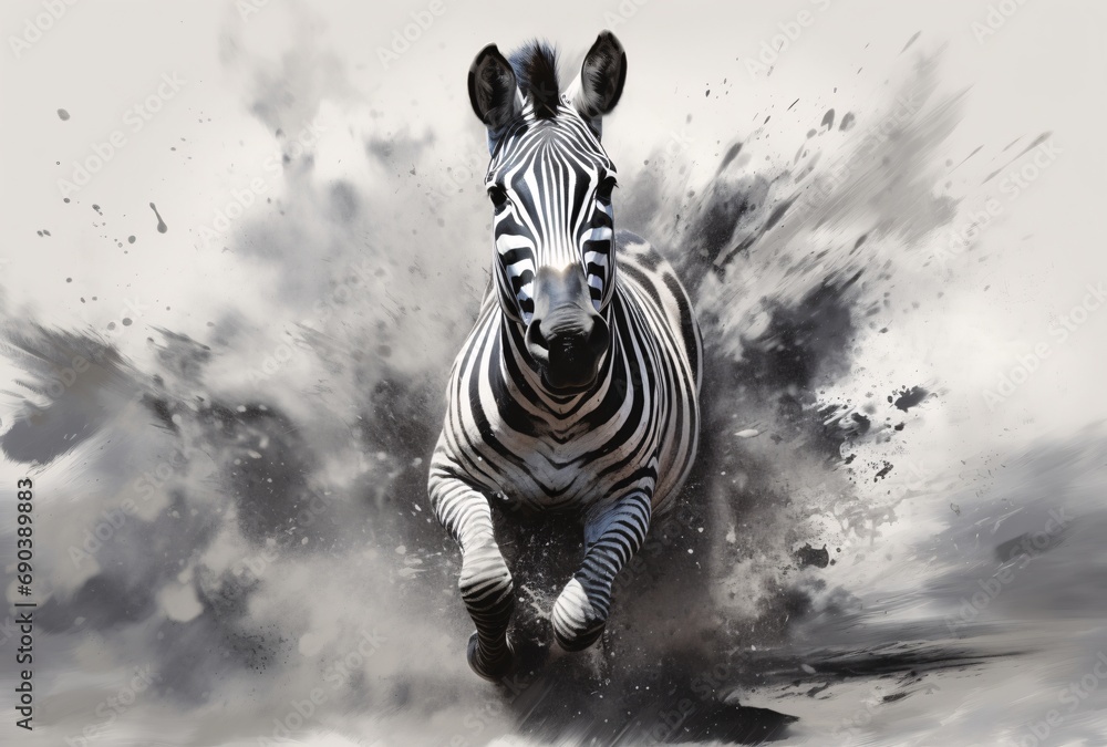 a zebra running in the air with splashes of paint, monochrome portraits - obrazy, fototapety, plakaty 