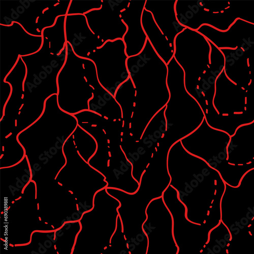 Lines of lava cracking the earth like red bloodstream in the veins. Vector seamless pattern design for textile, fashion, paper, packaging and branding. 