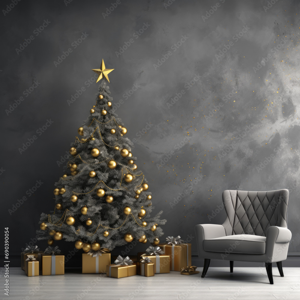 Fototapeta premium Interior of living room with fireplace, presents and Christmas tree
