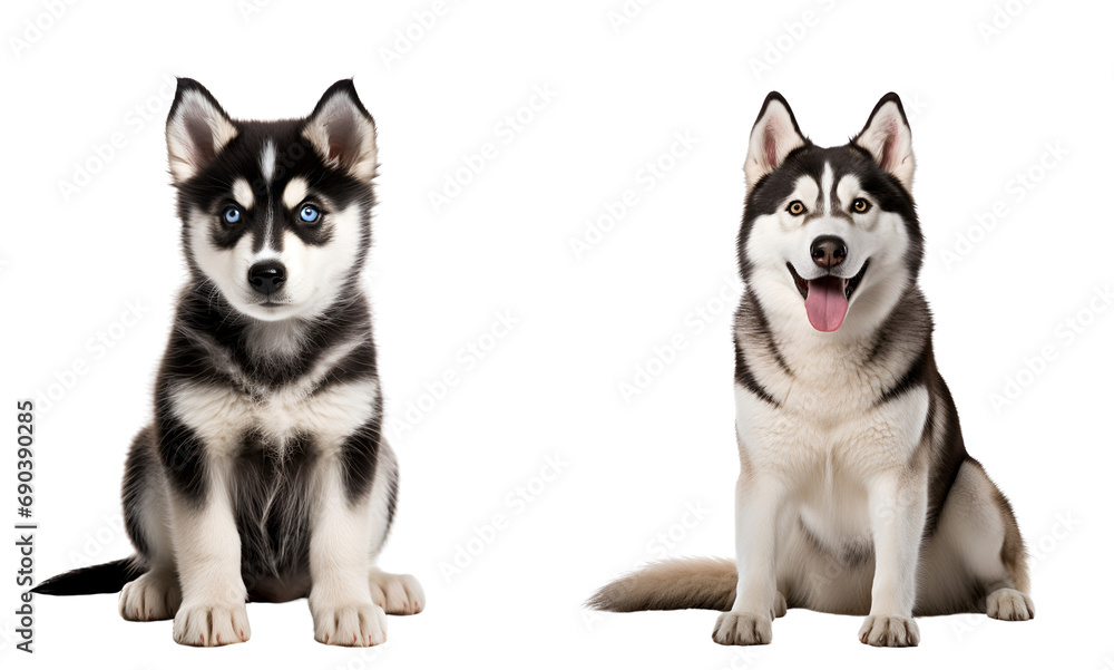 Set of Cute Siberian Husky dogs: Lively Puppy and Elegant Adult Siberian Husky sitting, Isolated on Transparent Background, PNG