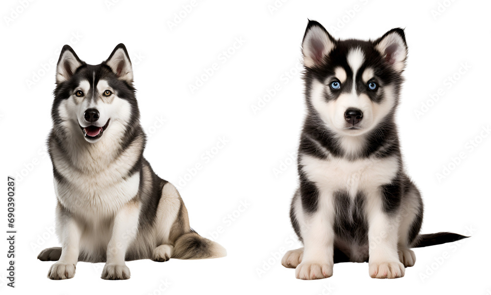 Set of Cute Siberian Husky dogs: Adorable Puppy and Majestic Adult Siberian Husky sitting, Isolated on Transparent Background, PNG