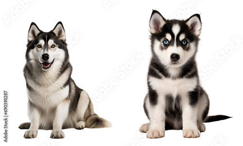 Set of Cute Siberian Husky dogs  Adorable Puppy and Majestic Adult Siberian Husky sitting  Isolated on Transparent Background  PNG