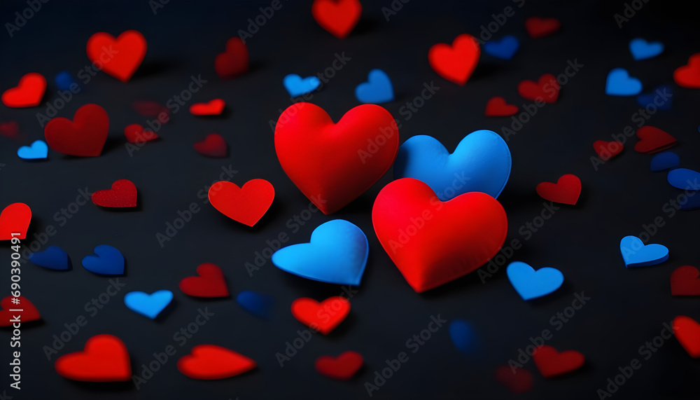 red hearts on black background, Banner of red and blue hearts or valentines, on a black background. A gift for the holiday of valentine's day created with generative ai