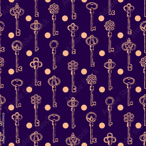 Rustic antique keys in purple and pink pattern. Vector seamless pattern design for textile, fashion, paper and wrapping. 