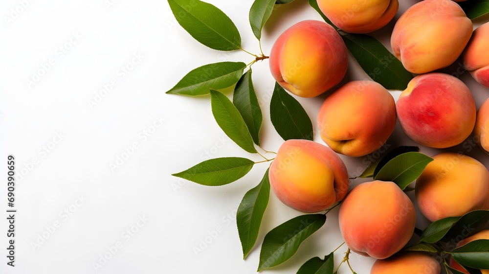 Cluster of fresh, ripe peaches with vibrant green leaves on a white background