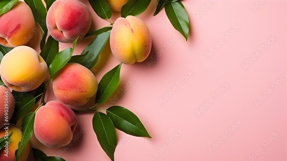 Cluster of fresh, ripe peaches with vibrant green leaves on a white background Cluster of fresh, ripe peaches with vibrant green leaves on a white background