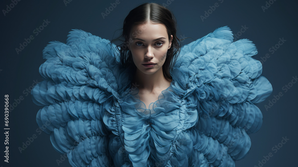 A beautiful European young woman in an original dress of heavenly color, with fabric draped in the shape of a heart. Beauty industry, Valentine's Day and fashion concept - obrazy, fototapety, plakaty 