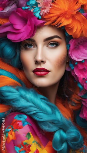 Portrait of a pretty girl with a blue braid and colorful flowers on her head