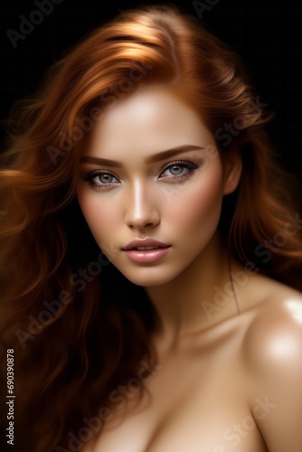 Portrait of red-haired girl with gorgeous hair without clothes on black background
