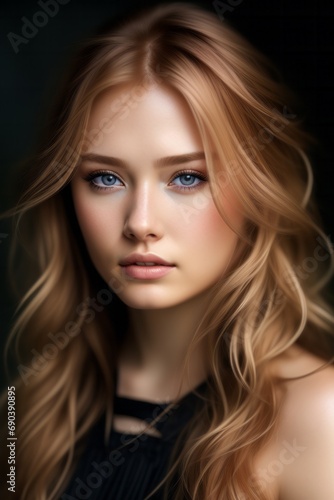 Redheaded girl with beautiful hair on black background