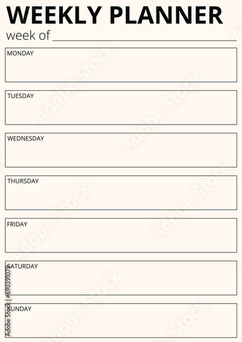 weekly planner schedule notebook page. Modern Business organizer with notes and goals. schedule page template. Weekly planner page.