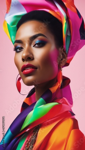 Stylized colorful portrait of afro girl in colorful clothes and scarf © Mikalai