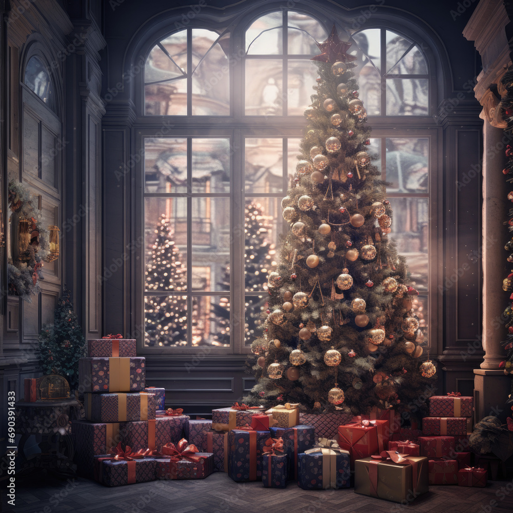 Interior of living room with fireplace, presents and Christmas tree Interior of living room with fireplace, presents and Christmas tree