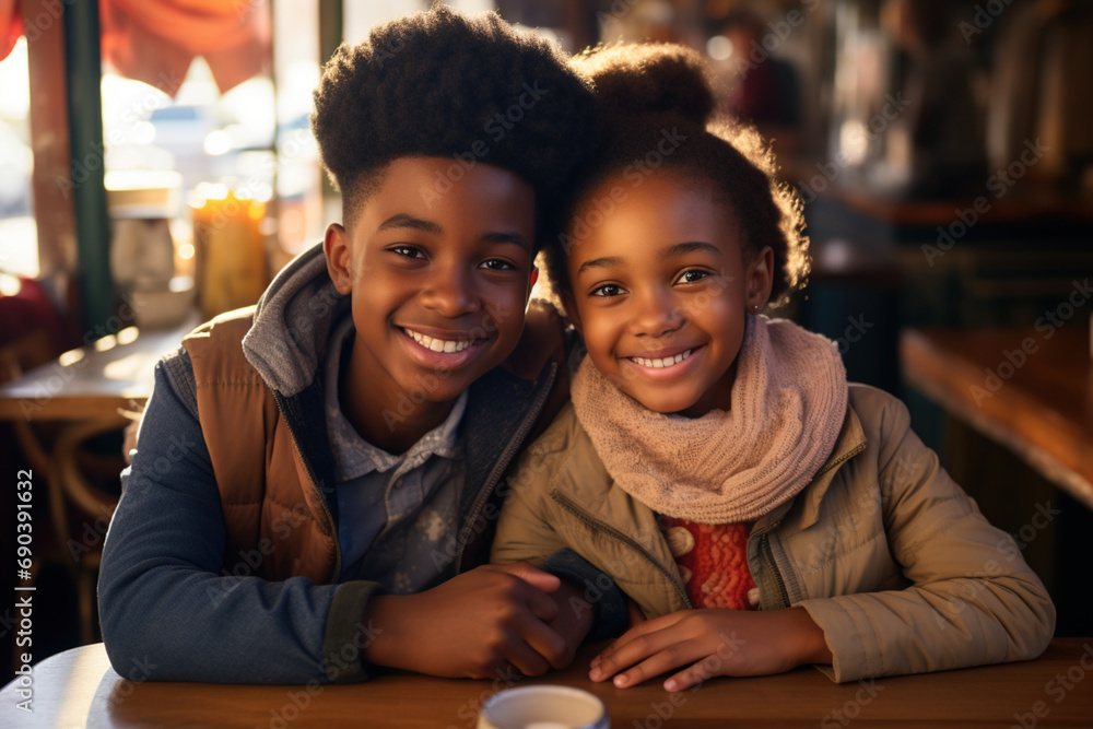Fototapeta premium Two African-American school pupil kids children have romantic date in cafe. First mutual love like each other from young years age relationship sensuality tenderness concept. 