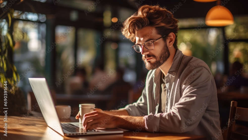 Tech Serenity - Student or Freelancer with Laptop in a Cafe, Direct Gaze Tech Serenity - Student or Freelancer with Laptop in a Cafe, Direct Gaze