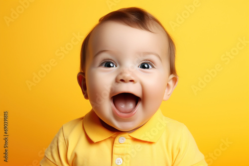 Adorable baby laughs loudly and looks directly at the camera on a yellow background. Children's emotions concept.