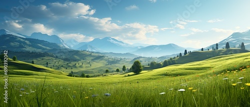 Beautiful scenery of wide open grassland in clear weather with large mountains visible in the distance and clouds