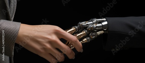 Modern concept of businessman handshaking with robot in futuristic cooperation