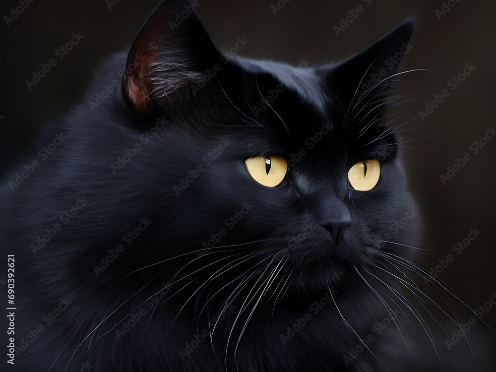 Portrait of a black cat and a dark background.