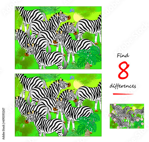 Find 8 differences. Illustration of herd of zebras. Logic puzzle game for children and adults. Page for kids brain teaser book. Task for attentiveness. Vector cartoon drawing.